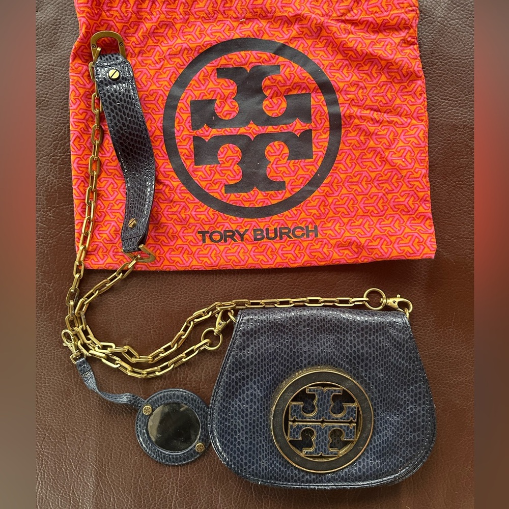 Tory Burch Navy and Gold Textured Crossbody Bag